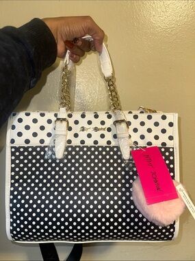 Betsy Johnson Polka Dot Black & White Satchel Tote with Gold Accents